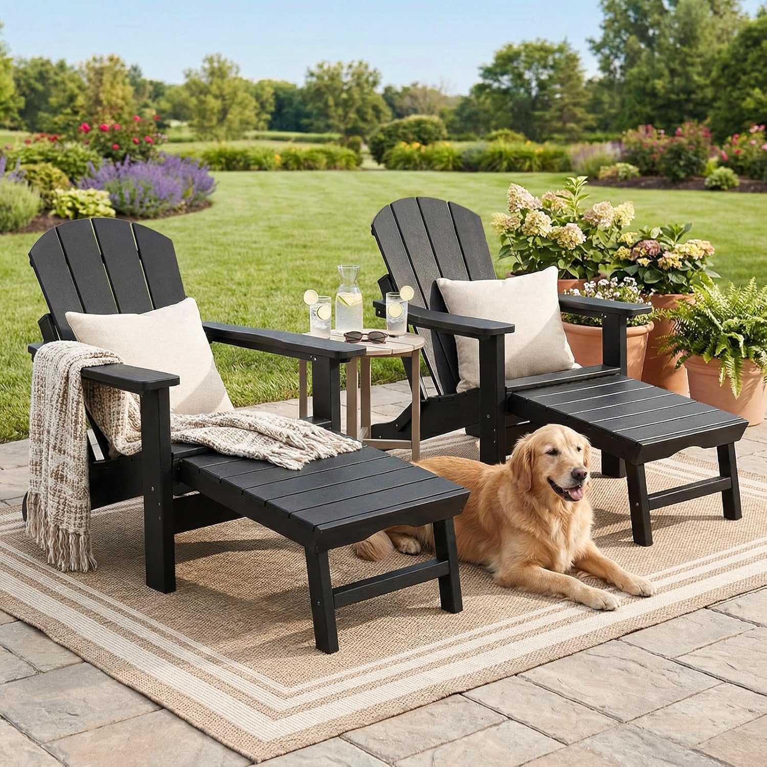 PASAMIC Folding Adirondack Chairs Set of 2 with Retractable Ottoman, 5-Position Adjustable Backrest, HDPE All-Weather Fire Pit Chairs with 2 Hidden Cup Holders, Wood-Look Outdoor Chairs, Black