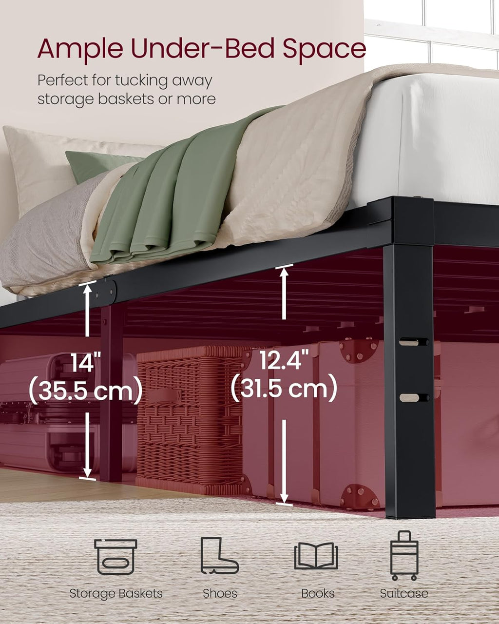 VASAGLE Full Metal Bed Frame 14 Inches Tall, 1100 lb Weight Capacity, No Box Spring Needed, with Under-Bed Storage, Easy Setup, Heavy-Duty Platform Bed, Mattress Retainers, Matte Black URMB652BD02S