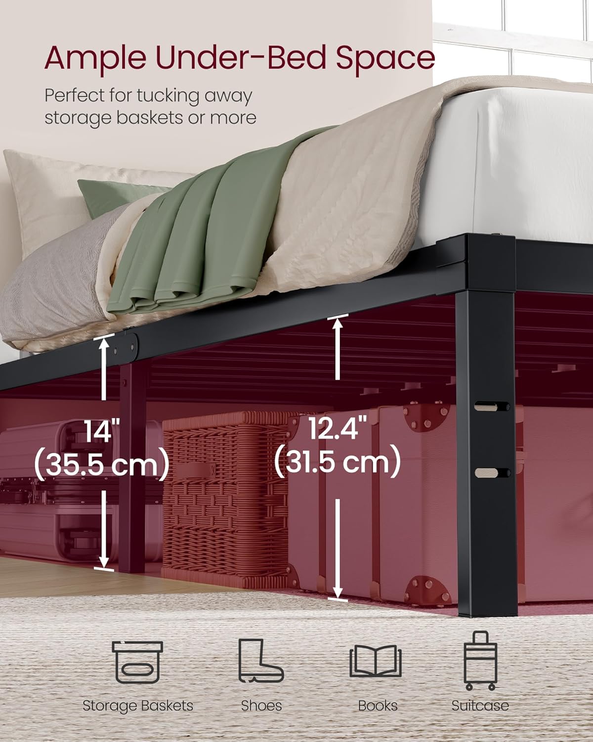 VASAGLE Full Metal Bed Frame 14 Inches Tall, 1100 lb Weight Capacity, No Box Spring Needed, with Under-Bed Storage, Easy Setup, Heavy-Duty Platform Bed, Mattress Retainers, Matte Black URMB652BD02S
