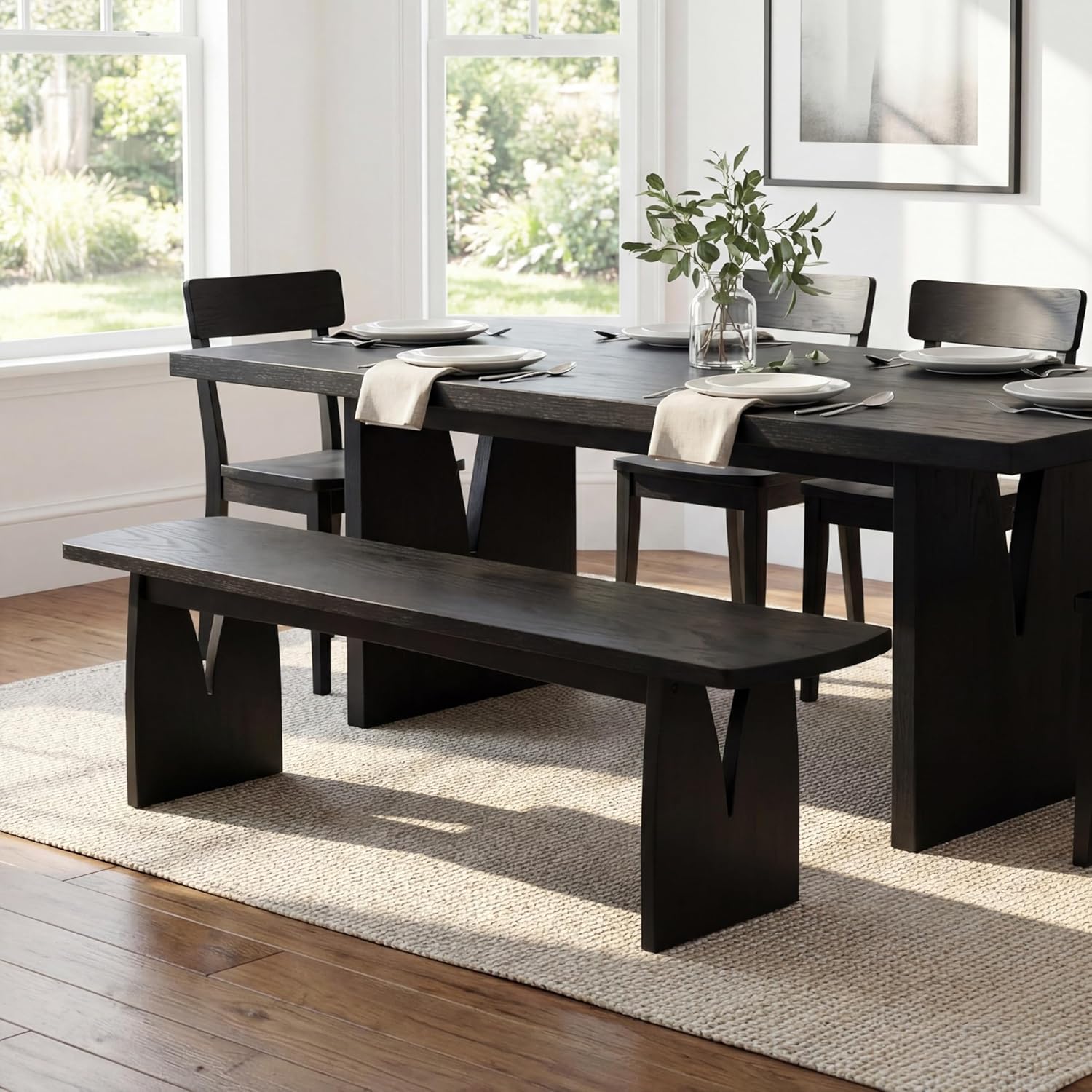 Christopher Knight Home 63" W Dining Bench, Modern Farmhouse Entryway Bench Indoor, Solid Wood Bench with Acacia Legs & MDF Seat, Long Bench for Dining Room Bedroom End of Bed Hallway, 400 lbs, Black