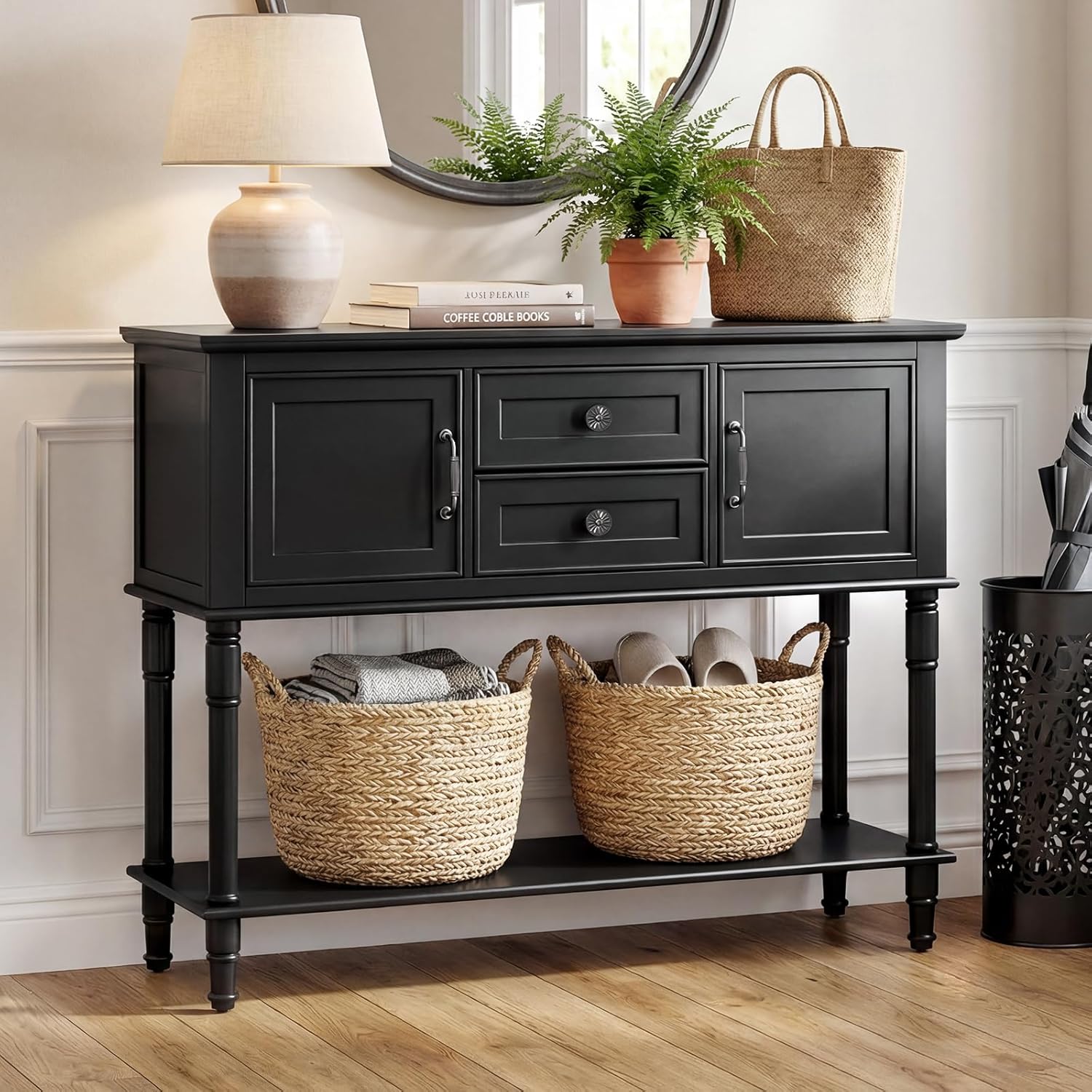 Console Table with 2 Soft-Close Cabinet Doors, Retro Narrow Entryway Table with 2 Drawers & Open Storage Shelf, 42" Long Behind Couch Sofa Table for Living Room, Foyer, Hallway, Coffee Bar (Black)