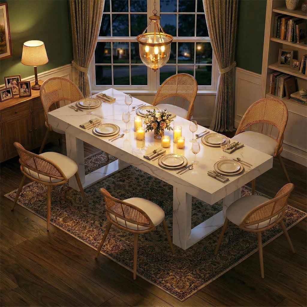 TYBOATLE 71''-87'' Extendable Dining Table Set for 6, Farmhouse Wooden Dining Room Table Set, 7 Piece Dinner Table Set with Upholstered Rattan Dining Chairs (White & White 71''-87''- 6 Chairs)