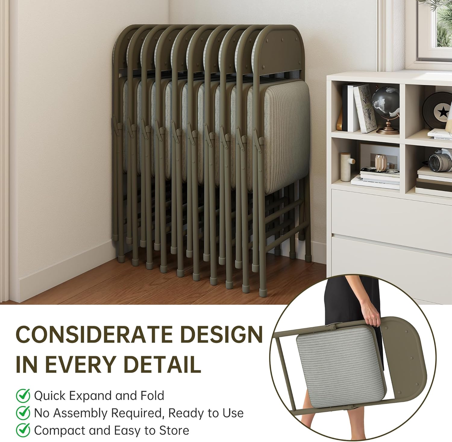 4 Pack Padded Cushion and Back Folding Chairs, Fabric Dining Chair Set with Steel Frame Metal for Home and Office, for Indoor and Outdoor Events, (Fabric Oatmeal Strip)