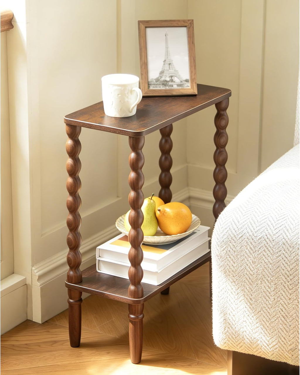 Fultyle Small Narrow End Table, Narrow Side Table Living Room with Storage, 2-Tier Wood Accent Table Slim Nightstand for Small Spaces, Office, Bedroom (Rustic Brown)