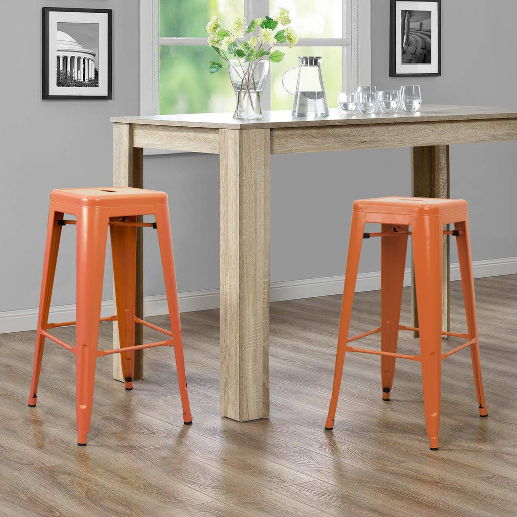 Furniwell 30 Inches Metal Bar Stools High Backless Tolix Indoor-Outdoor Stackable Barstool with Square Counter Seat Set of 4 (Orange)
