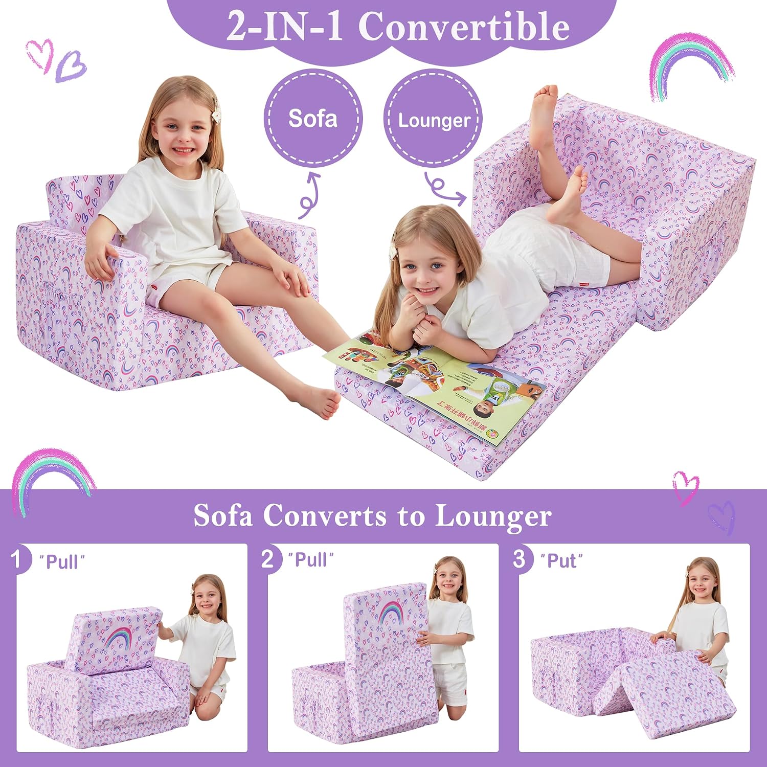 lasoftan Toddler Couch, 2-in-1 Soft Kids Couch Bed Fold Out, Toddler Chairs Comfy for Boys & Girls, Convertible Kids Sofa to Lounge for Playroom, Gift for Birthday, Children's Day - Purple Rainbow