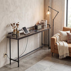 VECELO Narrow Sofa Table with Outlets & USB Ports, Industrial-Style Behind-Couch Table for Entryway, Hallway, Living Room, Bedroom, 55 Inch, Grey Oak