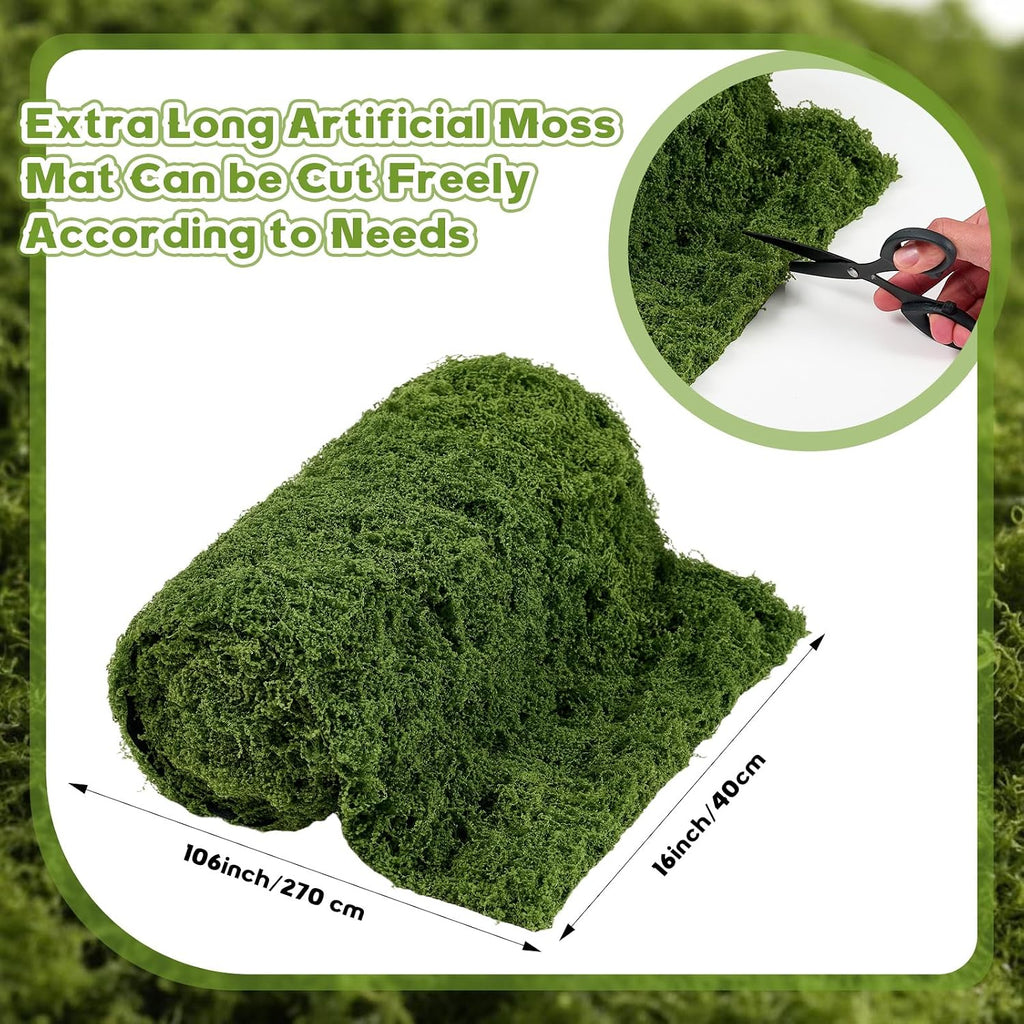 Artificial Moss Mat 15.75“ × 8.86 ft, Faux Moss Roll Runner Sheet for Crafts & Wedding Decor, Reusable Green Nylon Fake Moss Roll for Garden Theme Party, Fireplace & Table Display