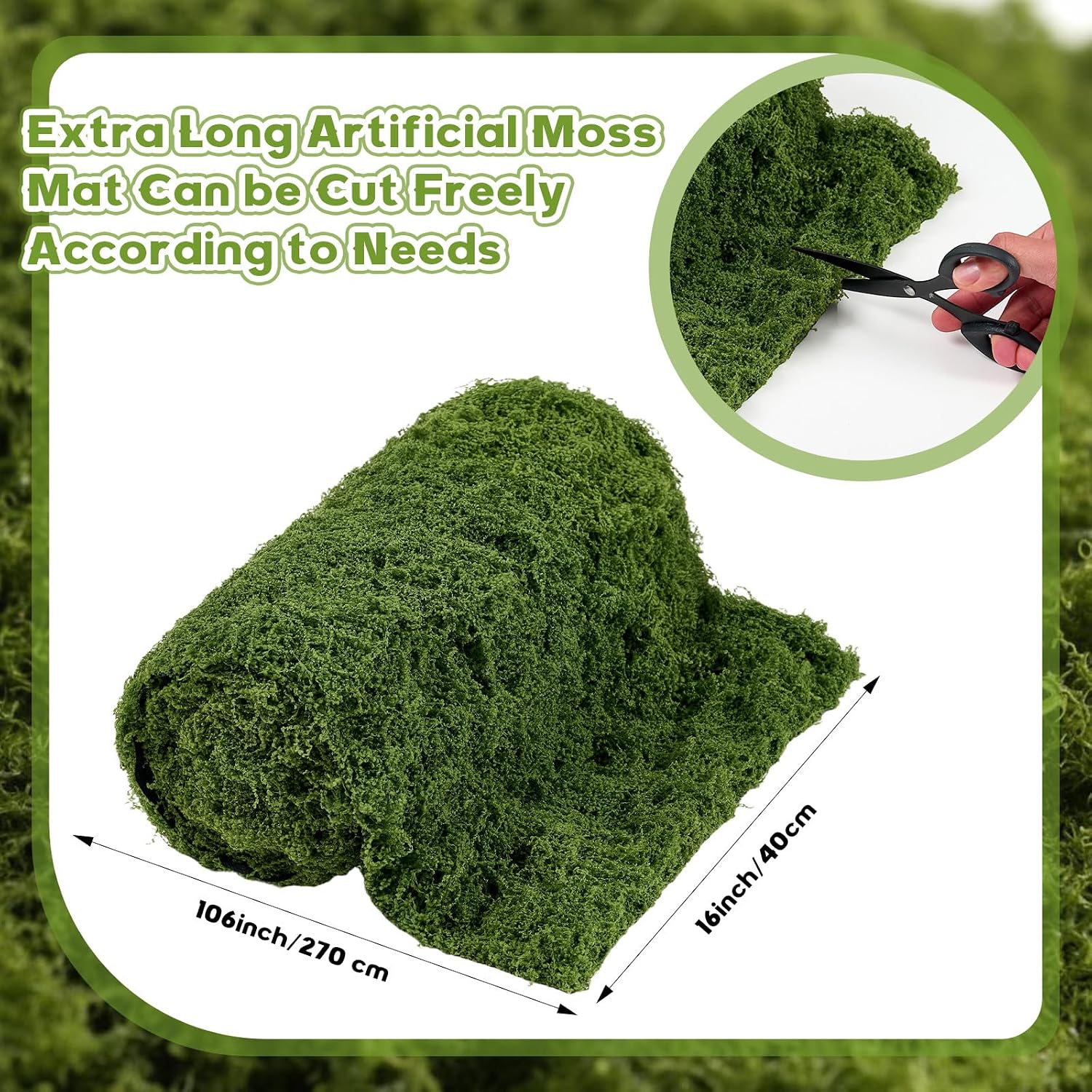 Artificial Moss Mat 15.75“ × 8.86 ft, Faux Moss Roll Runner Sheet for Crafts & Wedding Decor, Reusable Green Nylon Fake Moss Roll for Garden Theme Party, Fireplace & Table Display