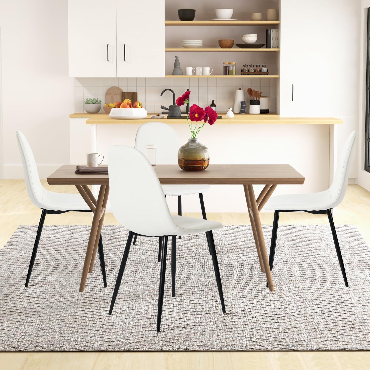 FurnitureR Dining Chairs Set of 4, Fabric Comfy Seat Armless Side Chairs with Metal Legs Mid Century for Home Kitchen Reception Room, Beige
