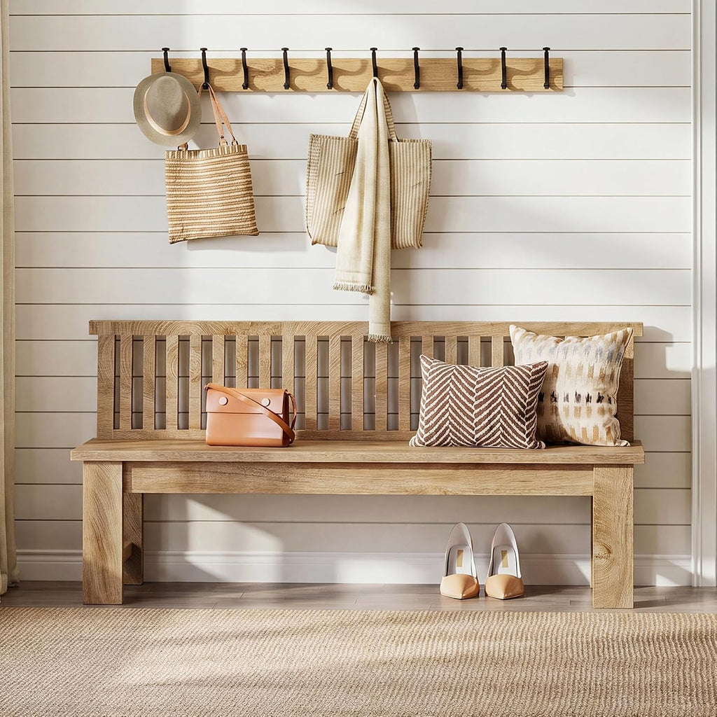 Tribesigns 55-Inch Entryway Bench, Farmhouse Seating Bench with Vertical Stripes Backrest, for Hallway, Kitchen, Living Room, Easy to Assemble, Brown