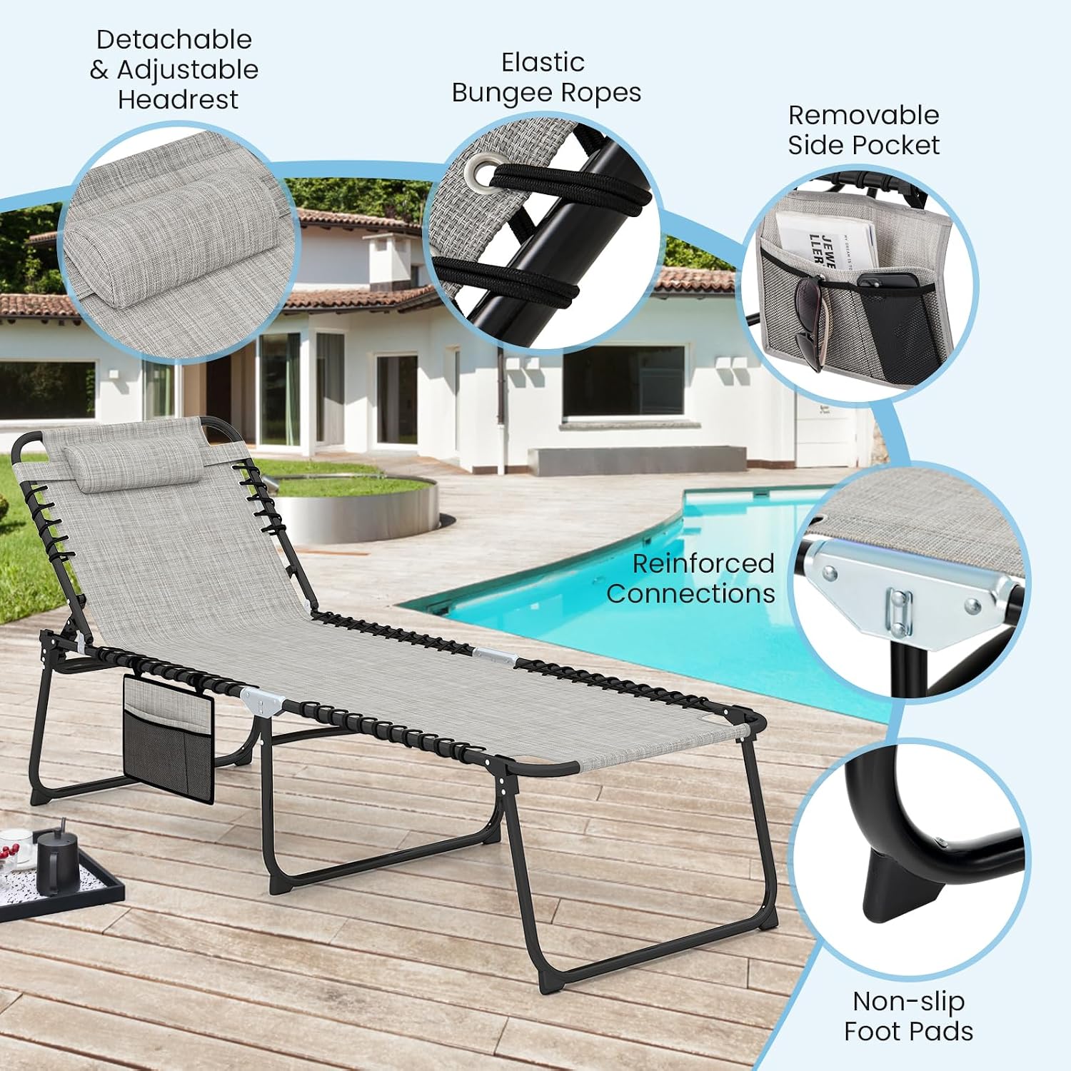 GYMAX Lounge Chair for Outside, 440lbs 27” Oversize Folding Beach Tanning Sunbath Chair with Adjustable Backrest & Removable Pillow, Lightweight Portable Patio Lounger for Lawn Poolside (2, Ashy)
