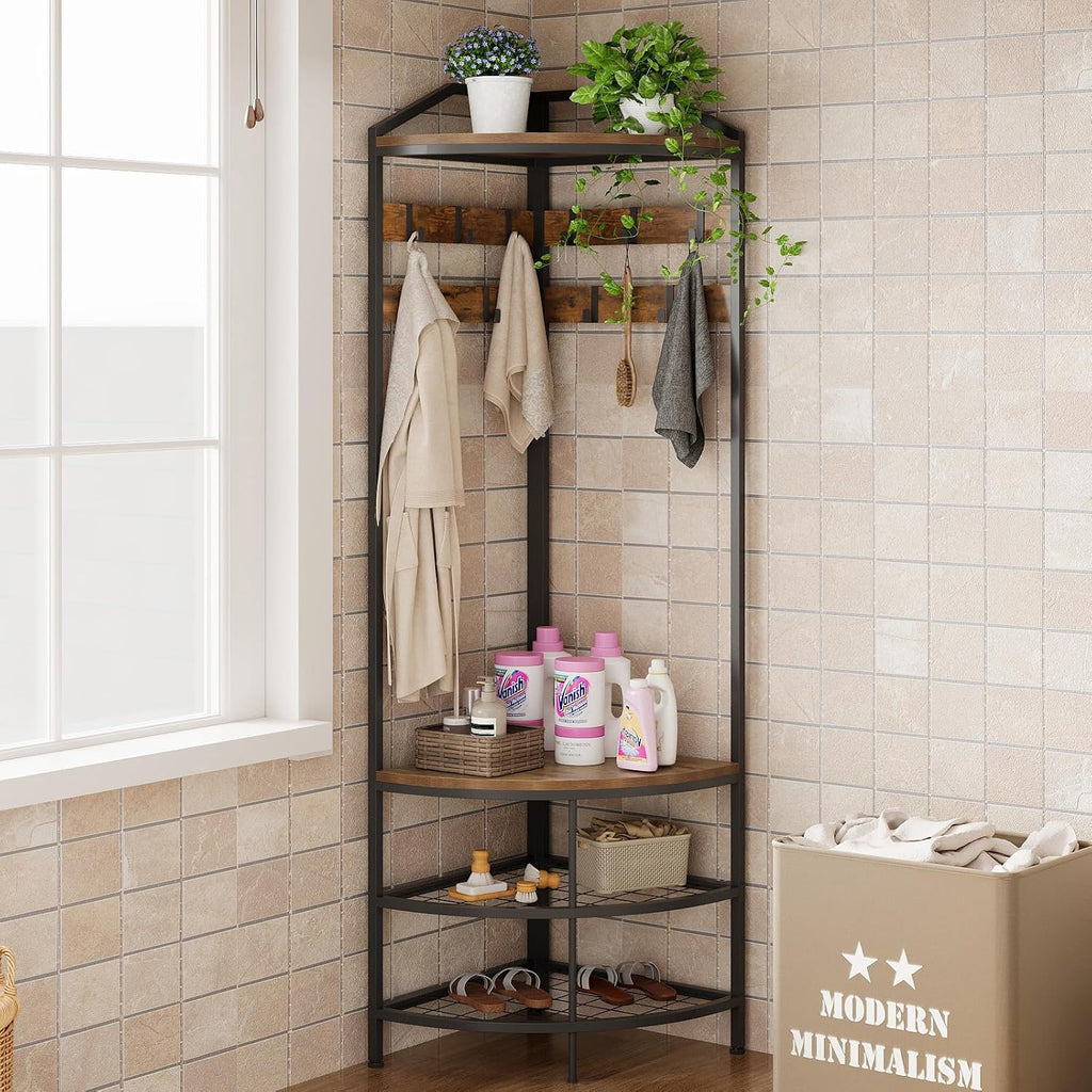 GiftGo Corner Hall Tree with Shoe Bench Entryway Coat Rack with 10 Metal Movable Hooks Floor Standing Clothes Rack Shoes Shelf Organizer for Home Office Bedroom (Rustic Brown)