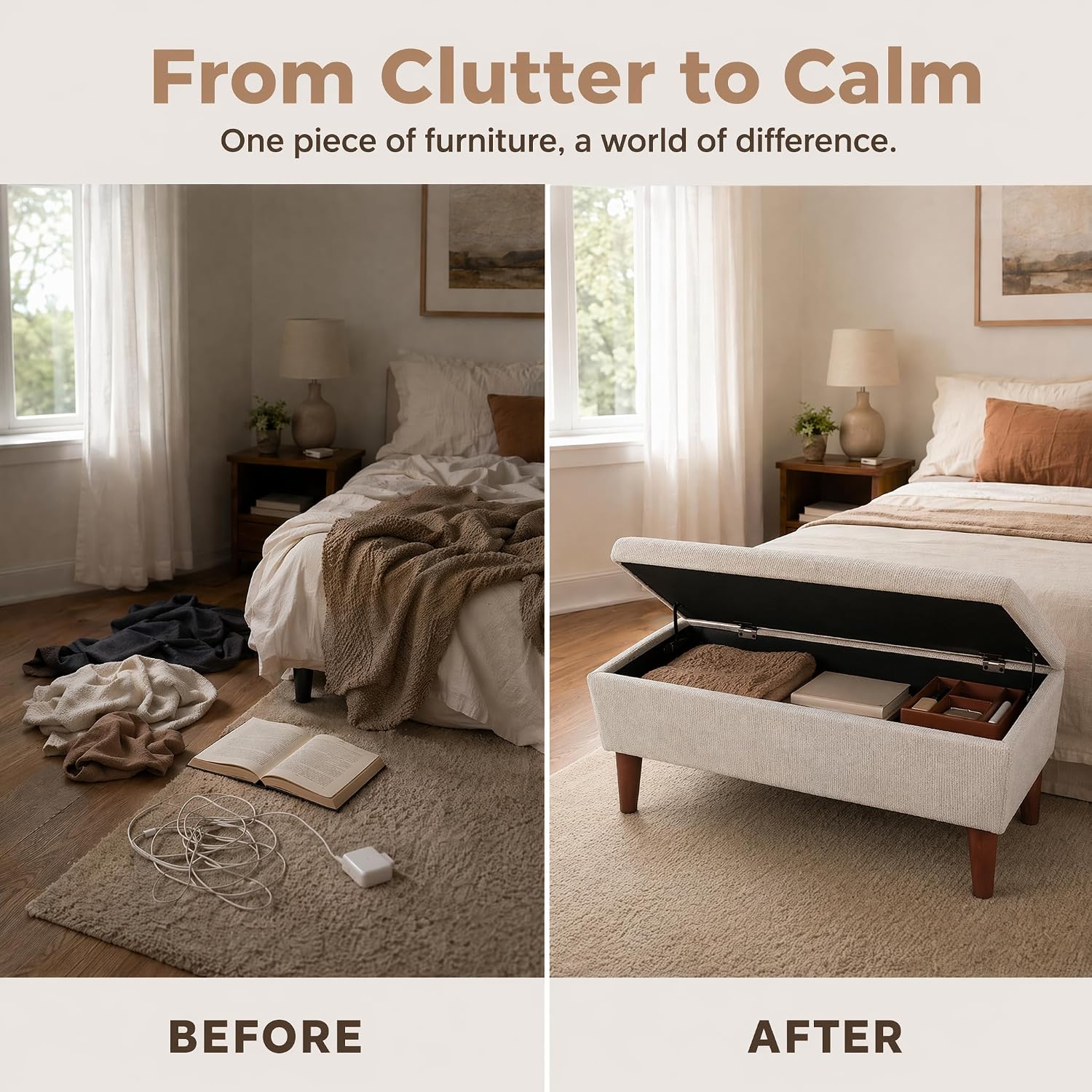 42" Rectangular Linen Ottoman Bench, Modern Low Footrest Stool with Solid Wood Tapered Legs, Multi-Use Entryway Shoe Bench & End of Bed Bench for Living Room/Bedroom