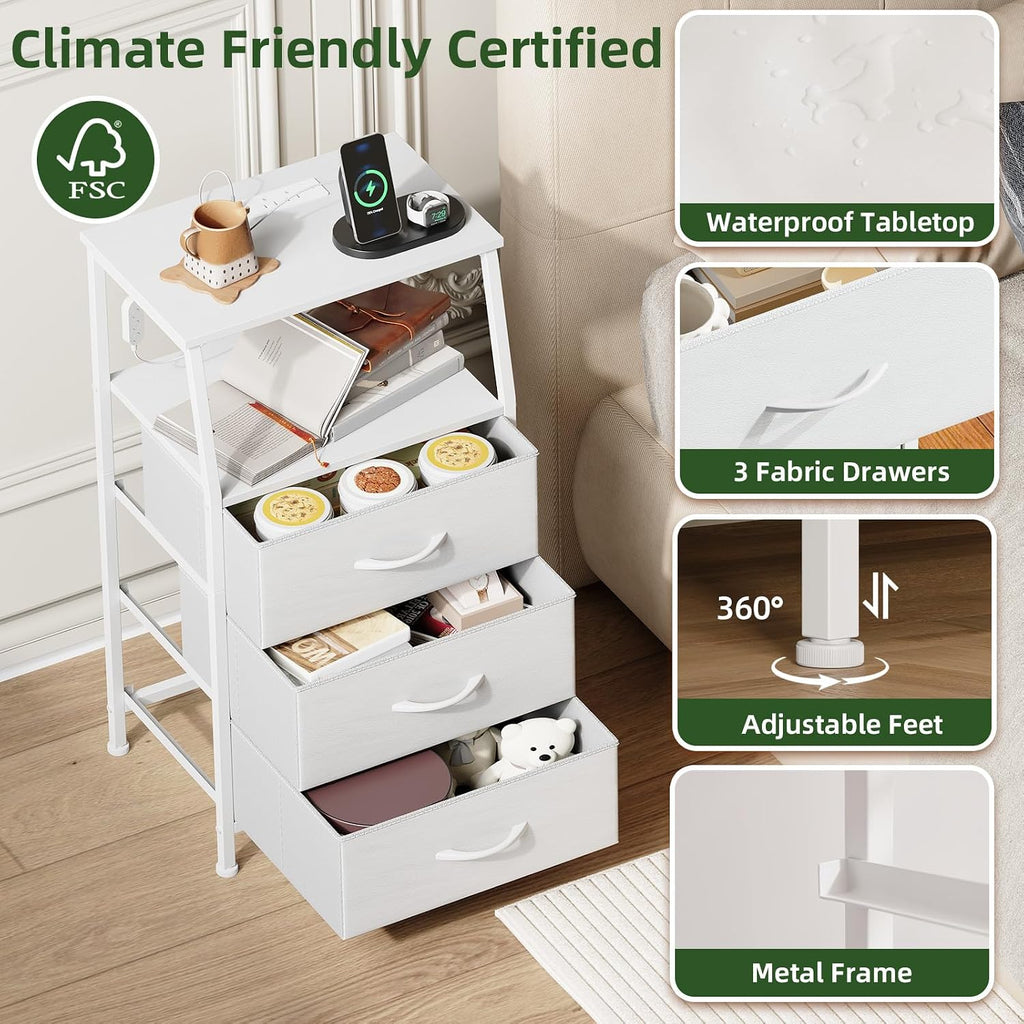 Somdot Nightstand with Charging Station, Smart LED Light, 3 Fabric Drawers | Tall Storage Organizer, Bedside Table, Bedroom, Kids Room, Dorm, Closet, Laundry, Entryway, White