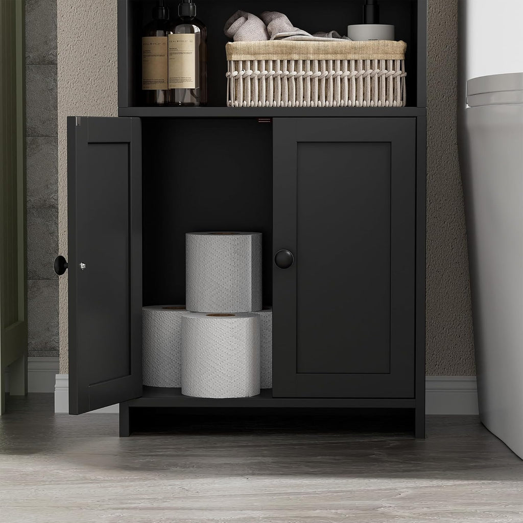 Homhedy Small Bathroom Storage Cabinet, Freestanding Toilet Paper Storage with 2 Doors and Shelves, Bathroom Organizers and Storage for Small Spaces, Laundry Room, 7.9" D x 14.6" W x 31" H, Black