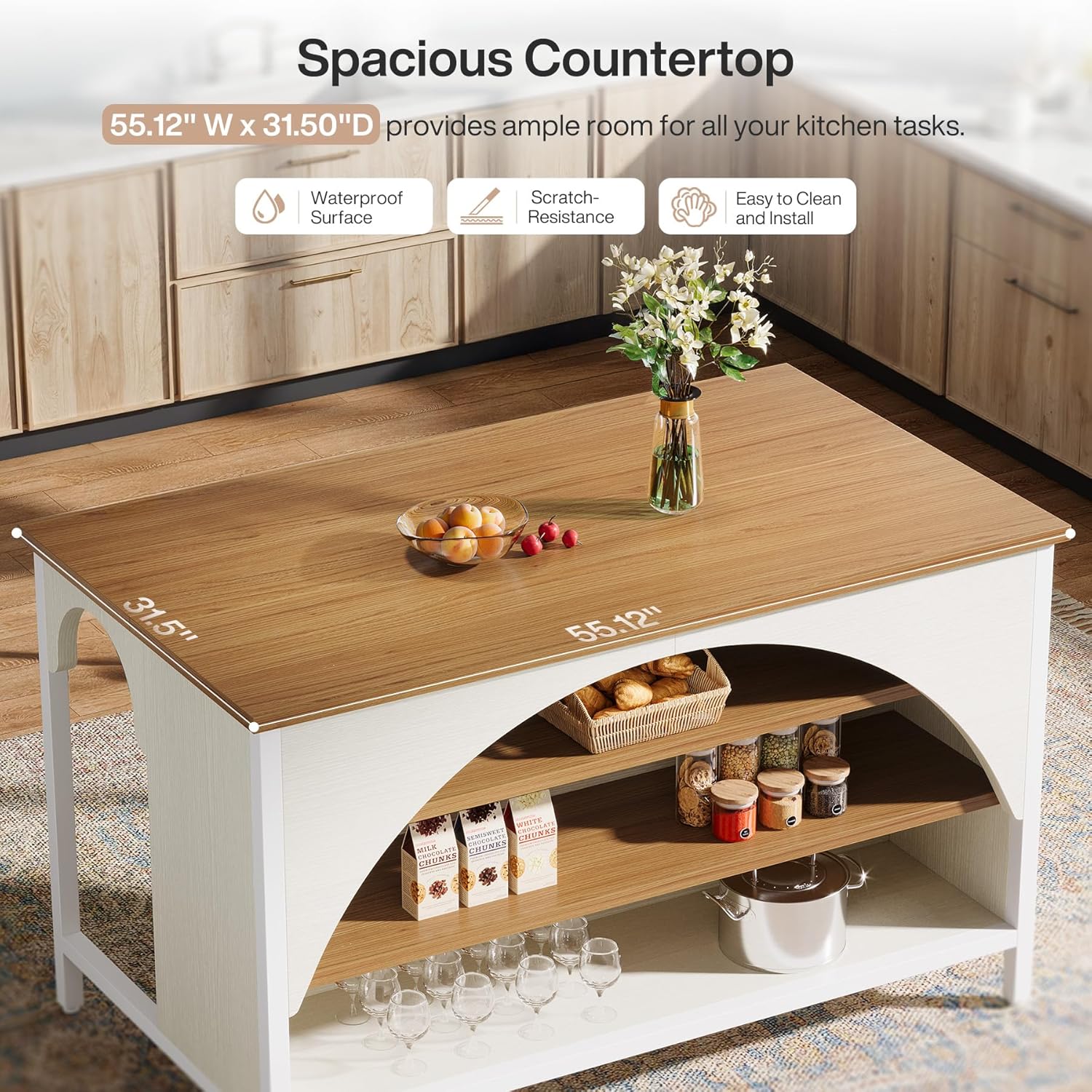 Tribesigns Kitchen Island with 3 Storage Shelves, 55" W Kitchen Shelf with Large Countertop and Seating Area, Modern Wooden Coffee Bar Table (White)