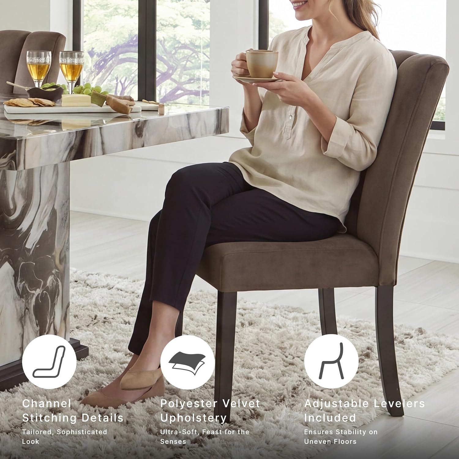 Signature Design by Ashley Jazmore Dining Chairs Set of 2, Contemporary Upholstered Velvet Side Chairs, Comfortable Cushioned Seat and Solid Wood Frame, Ideal for Dining Rooms, Mocha Brown