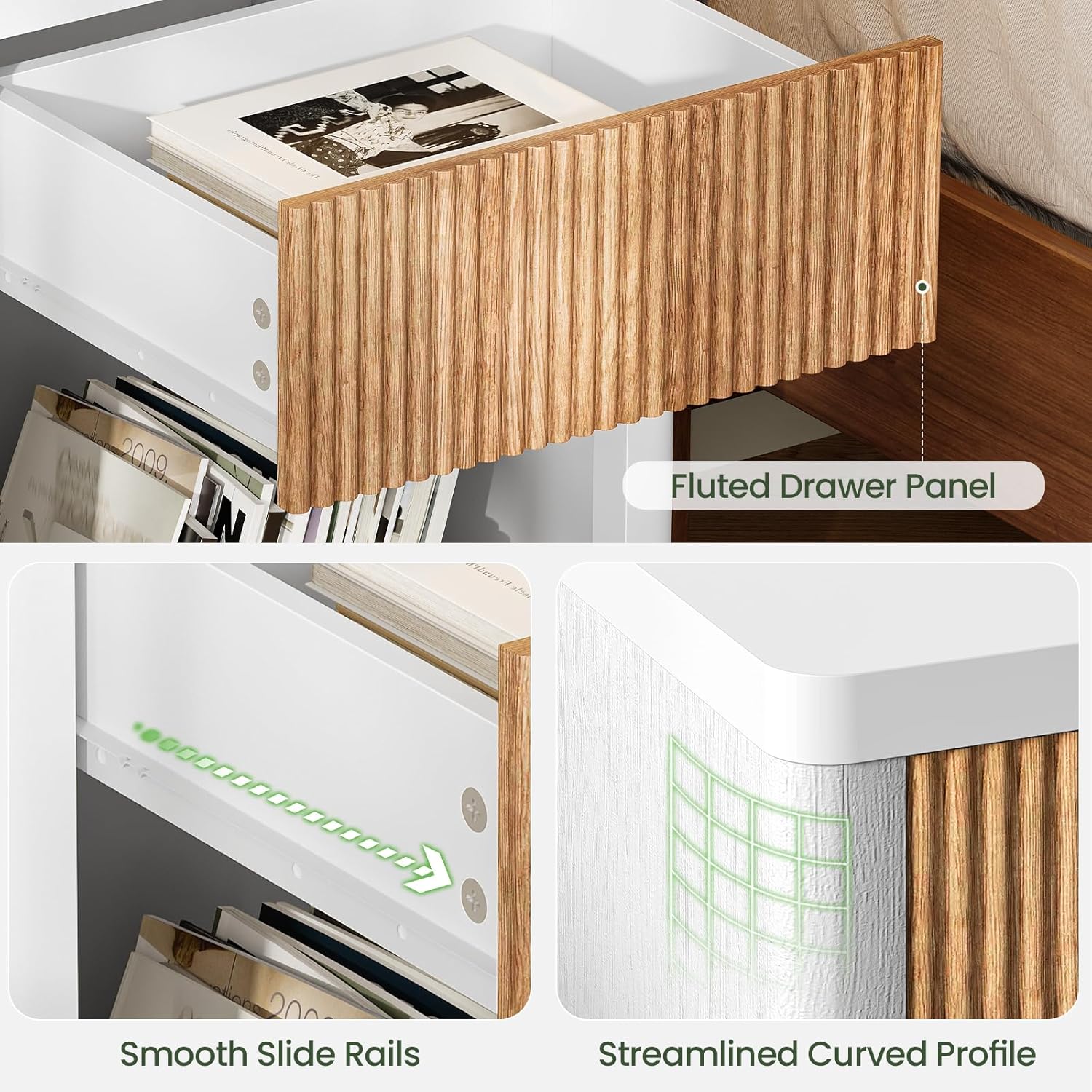 CHOEZON Fluted Nightstand with Charging Station, 19" Wide Side Table with Drawer, Bedside Table with Open Compartment, End Table Sofa Side Table for Bedroom, White and Natural MBZ14UWN