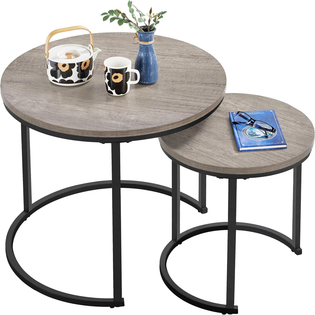 Topeakmart Nesting Side Tables Set of 2, Modern Round End Tables w/Waterproof Scratch Resistant Surface & Sturdy Metal Base for the Living Room,Guestroom, Balcony, Apartment and Small Space,Gray