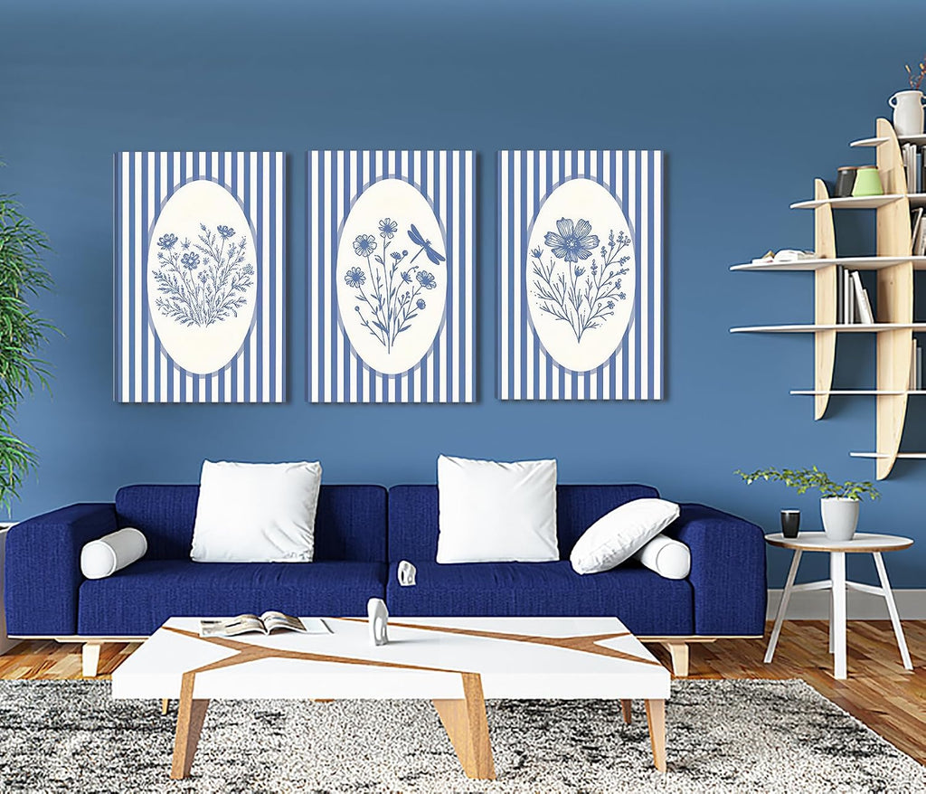 3pcs Blue Striped Floral Canvas Wall Art Minimalist Wildflower Silhouette Poster Print Rustic Farmhouse Decor For Bedroom Bathroom Living Room Office Kitchen Wall Deco( 12×18in Stretched Canvas on A Wooden Frame)