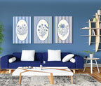 3pcs Blue Striped Floral Canvas Wall Art Minimalist Wildflower Silhouette Poster Print Rustic Farmhouse Decor For Bedroom Bathroom Living Room Office Kitchen Wall Deco( 12×18in Stretched Canvas on A Wooden Frame)