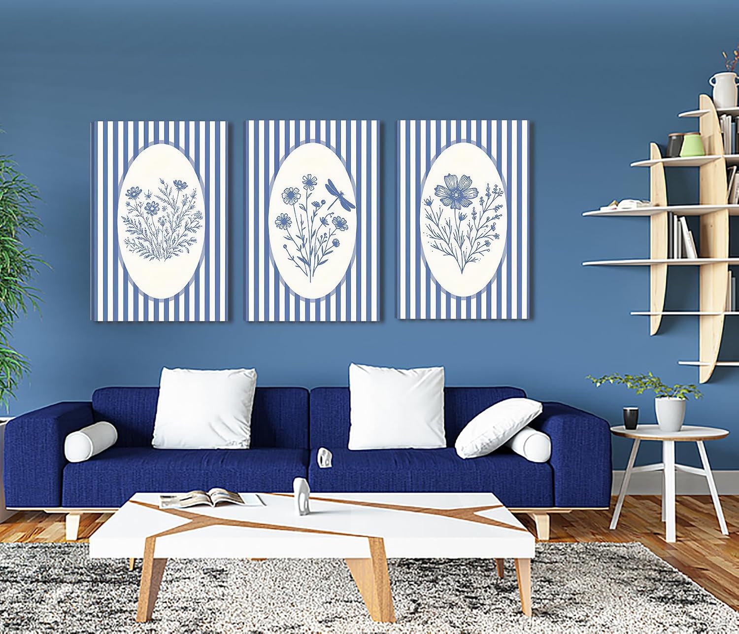 3pcs Blue Striped Floral Canvas Wall Art Minimalist Wildflower Silhouette Poster Print Rustic Farmhouse Decor For Bedroom Bathroom Living Room Office Kitchen Wall Deco( 12×18in Stretched Canvas on A Wooden Frame)