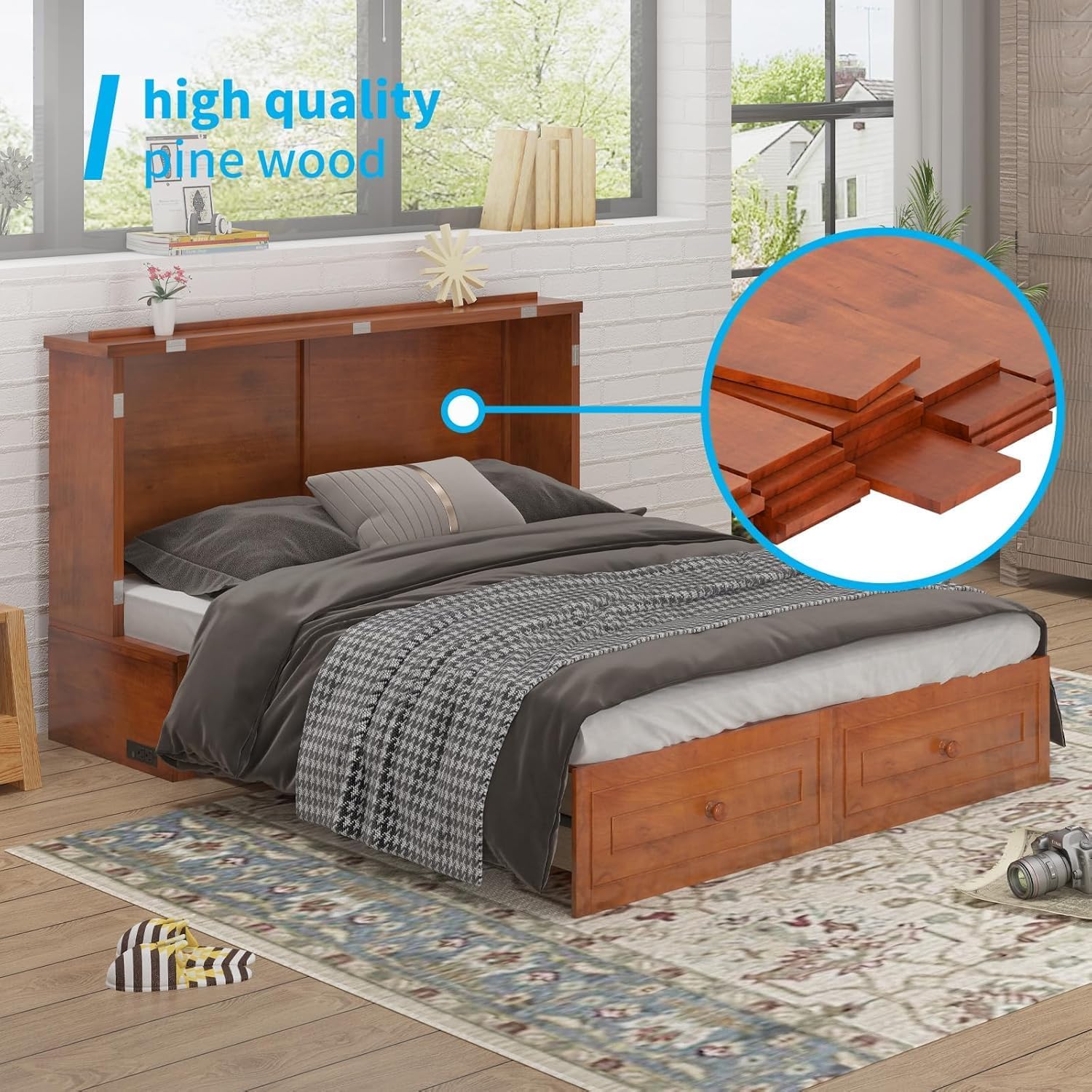 Mjkone Murphy Bed Cabinet Queen with Tri-fold Mattress, Murphy Chest Bed with Built-in Charging Station & 2 Storage Drawers, Cabinet Beds Cube Chest Beds for Guest Room, Cherry