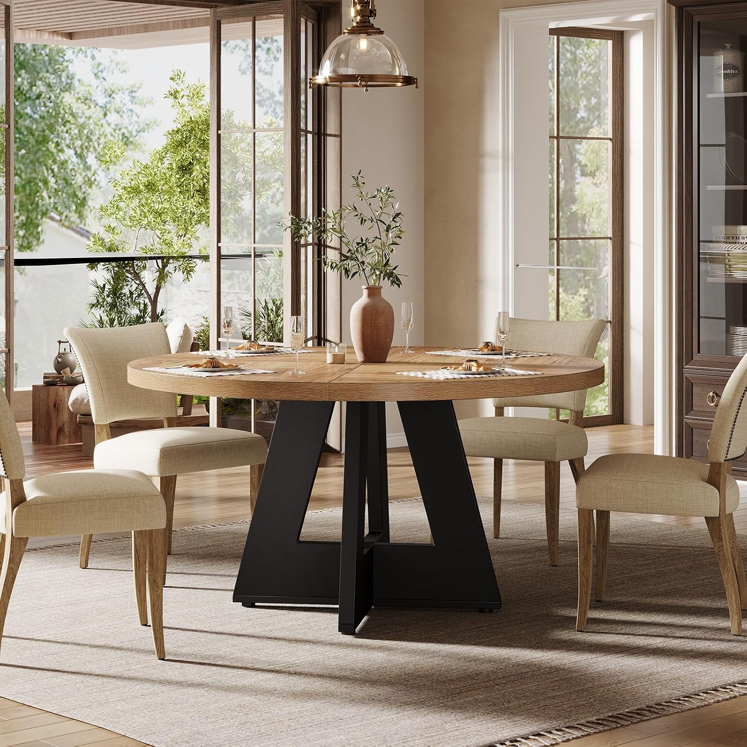 Tribesigns 47 inch Round Dining Table Wood Kitchen Table for Dining Room, 47" Dinner Room Tables for 4-6, Farmhouse Accent Furniture with Wooden Tabletop and Cross Base, Brown+Black