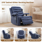Olela Power Glider Recliner Nursery Chair, Swivel Rocking Chair with Electric Lumbar Support, USB Charging, Smart Cup Holder, Light, Adjustable Armrest, Wireless Phone Charger Holder, Chenille