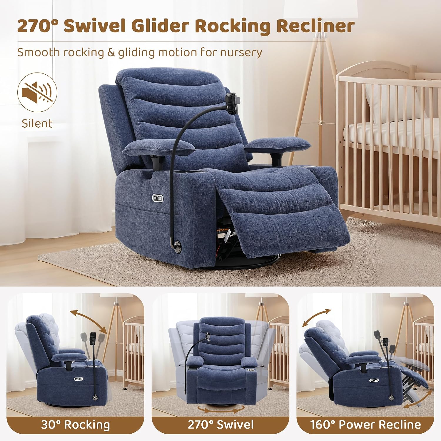Olela Power Glider Recliner Nursery Chair, Swivel Rocking Chair with Electric Lumbar Support, USB Charging, Smart Cup Holder, Light, Adjustable Armrest, Wireless Phone Charger Holder, Chenille