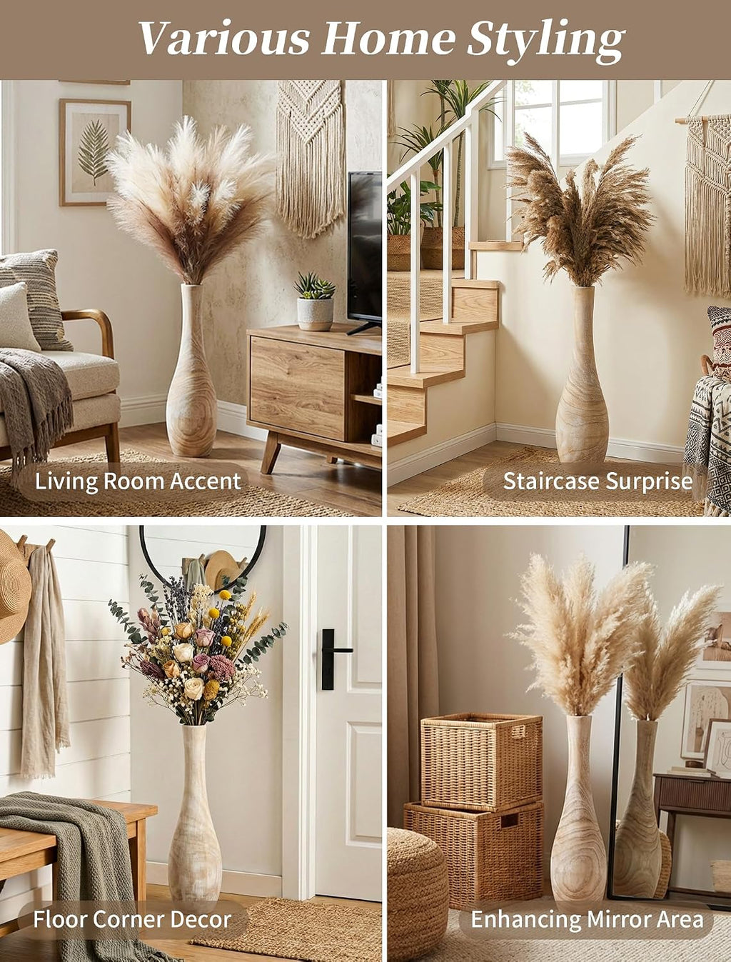 Hanobe Wood Tall Floor Vase: 22 Inch Slender Beige Boho Vase for Pampas Grass - Decorative Large Vases for Farmhouse Living Room Corner Entryway Fireplace Home Decor