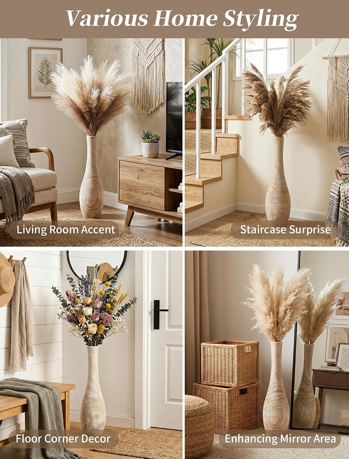 Hanobe Wood Tall Floor Vase: 22 Inch Slender Beige Boho Vase for Pampas Grass - Decorative Large Vases for Farmhouse Living Room Corner Entryway Fireplace Home Decor