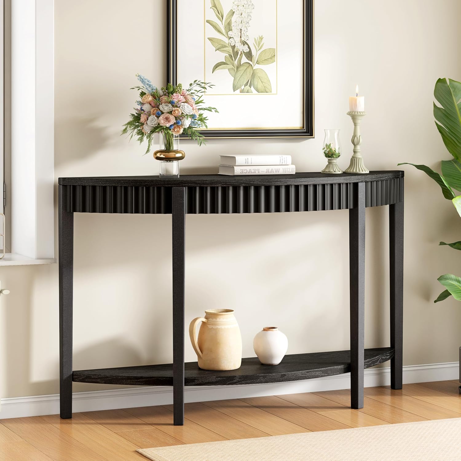 55'' Elegant Half Moon Entryway Table with Wood Veneer and Open Shelf A Refined Accent for Hallways or Foyers