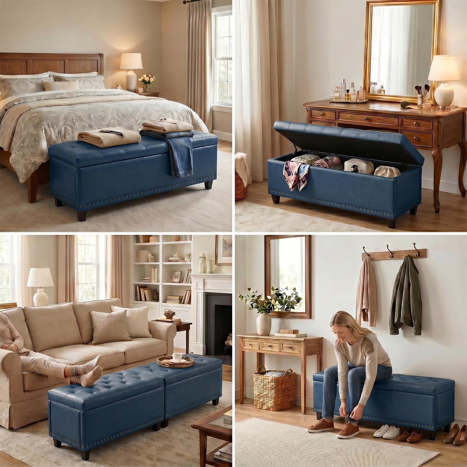 Tbfit 50.8" Large Storage Ottoman Bench with Button-Tufted Top, Blue PU Faux Leather End of Bed Chest with Safety Hinge and Rivets for Bedroom, Living Room (Blue PU)