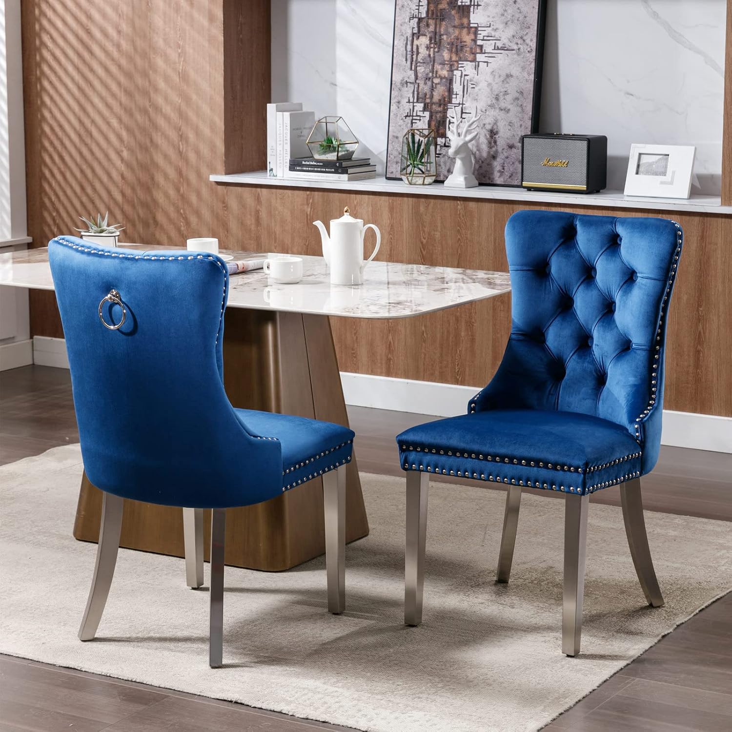 Modern Velvet Upholstered Dining Chairs Set of 4 - Tufted Back with Nailhead Trim & Silver Stainless Steel Legs for Kitchen, Dining Room, Living Room (Blue)