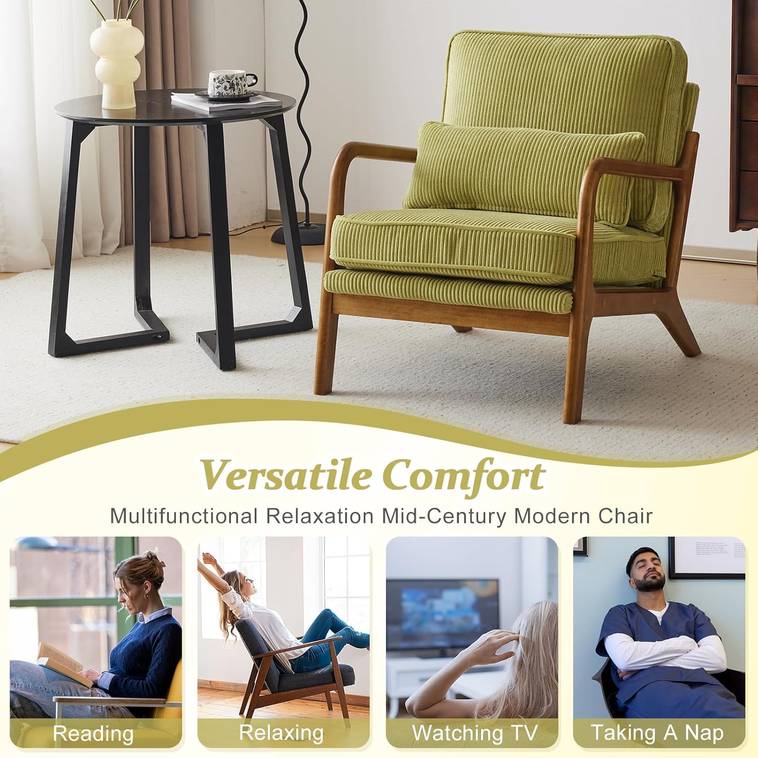 VINGLI Upgraded Premium Corduroy Accent Chair,Upholstered Arm Chair,Solid Wood Comfy Reading Chair with Pillow, Mid Century Modern Chairs for Living Room,Bedroom,Guest Room,Green