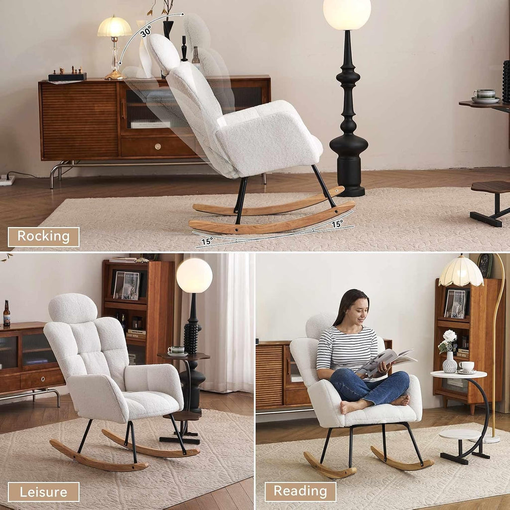 Nursery Rocking Chair - Teddy Fabric Upholstered Glider Rocking Chair with High Backrest & Pillow for Living Room & Bedroom - Easy Assembly Wood/Metal Base (Ivory)