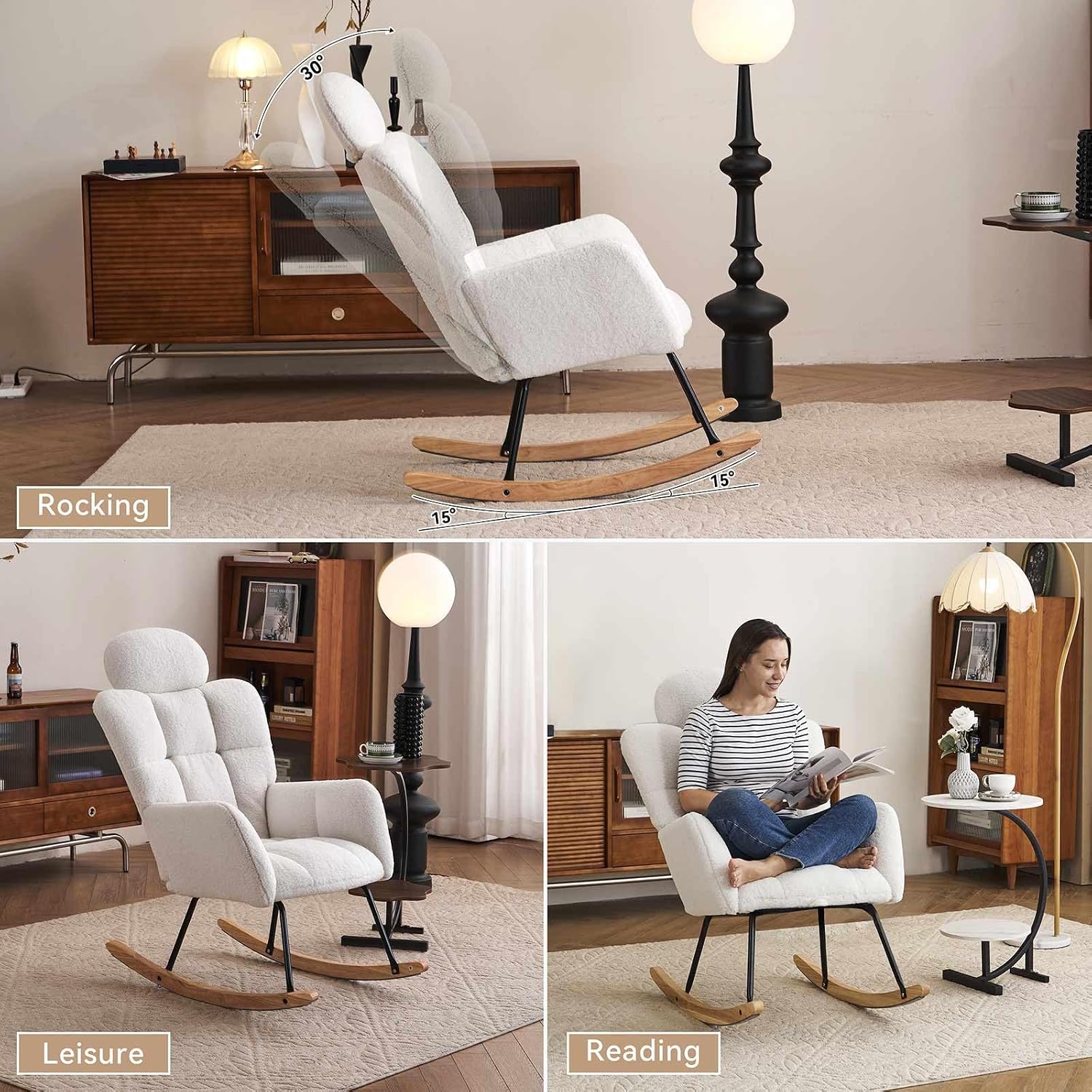 Nursery Rocking Chair - Teddy Fabric Upholstered Glider Rocking Chair with High Backrest & Pillow for Living Room & Bedroom - Easy Assembly Wood/Metal Base (Ivory)