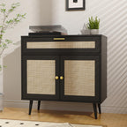 Furnify Rattan Sideboard Buffet, Boho Kitchen Cabinet with Drawer & 2 Doors, Modern Mid Century Accent Cabinet with Adjustable Shelf, Coffee Bar for Living Room, Entryway, Kitchen, Black