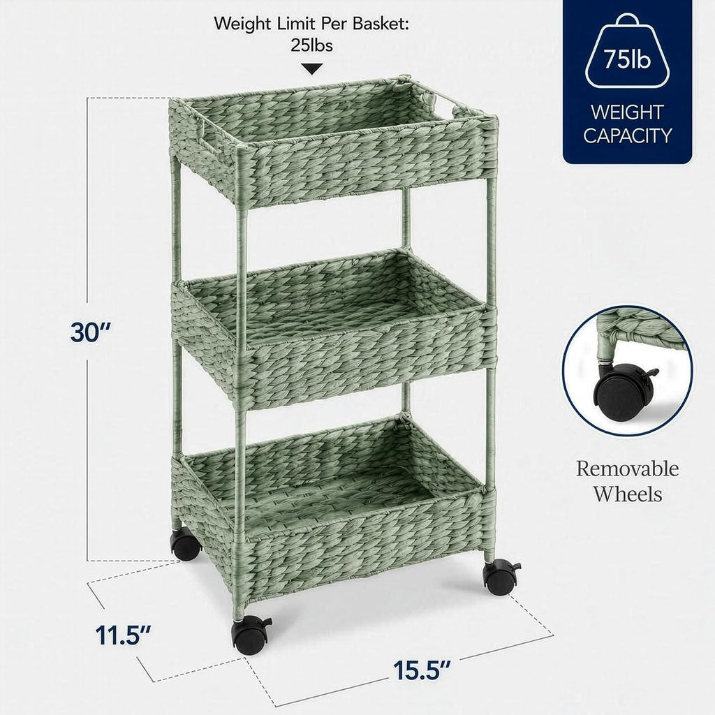 Best Choice Products 3-Tier Water Hyacinth Rolling Nursery Caddy w/Wheels, Utility Cart, Storage Organization for Bathroom, Craft Room, Laundry Room - Sage