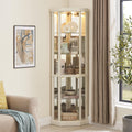 69" H Lighted Curio Cabinet Corner Display Case, Corner Glass Case with Adjustable Shelves and Tempered Glass, Wooden Curio Cabinet w/Mirrored Back Pane for Living Room