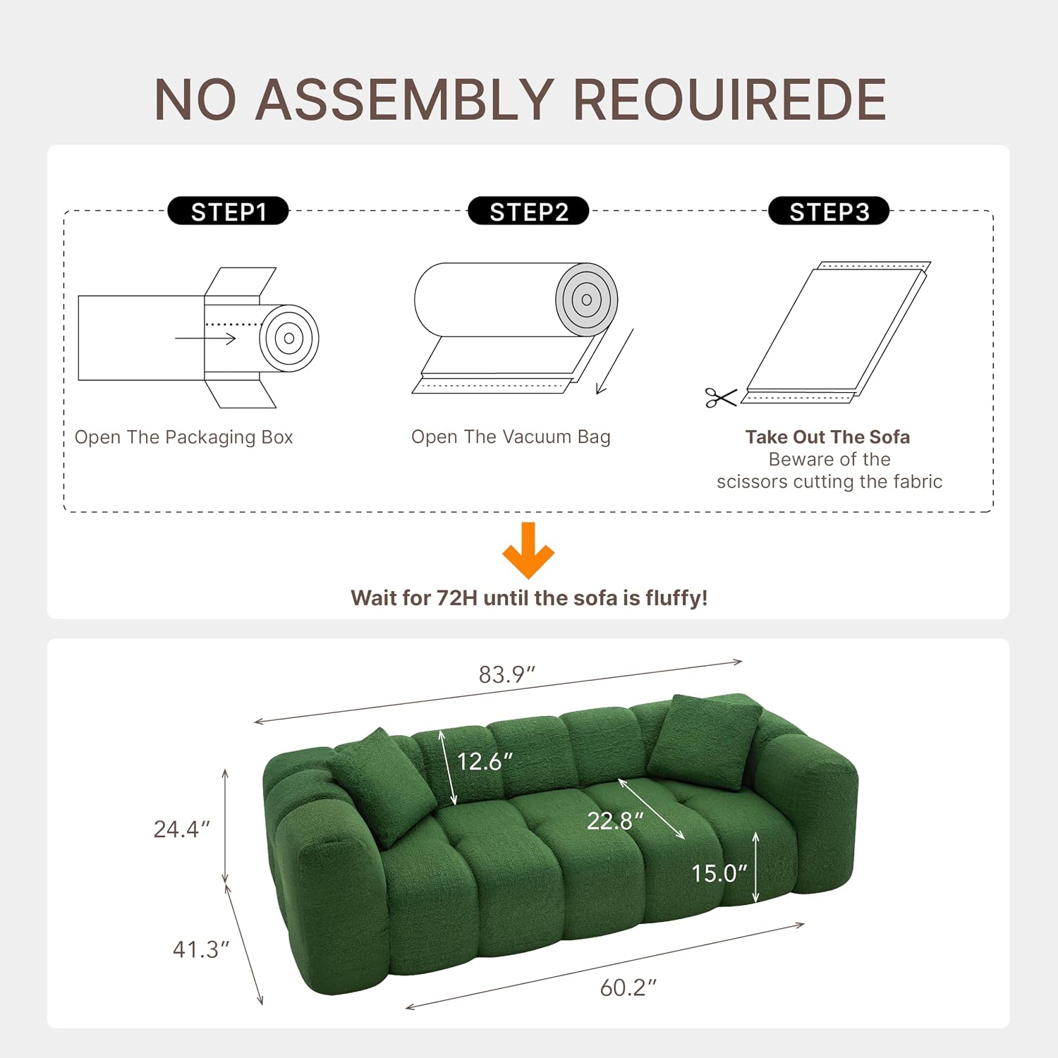 KISLOT 84" Boneless Couch No Assembly Required Loveseat Sofa Modern Deep Seat Cloud Couch Modern Compressed Sofa Oversized Upholstered 3-Seater for Living Room Bedroom