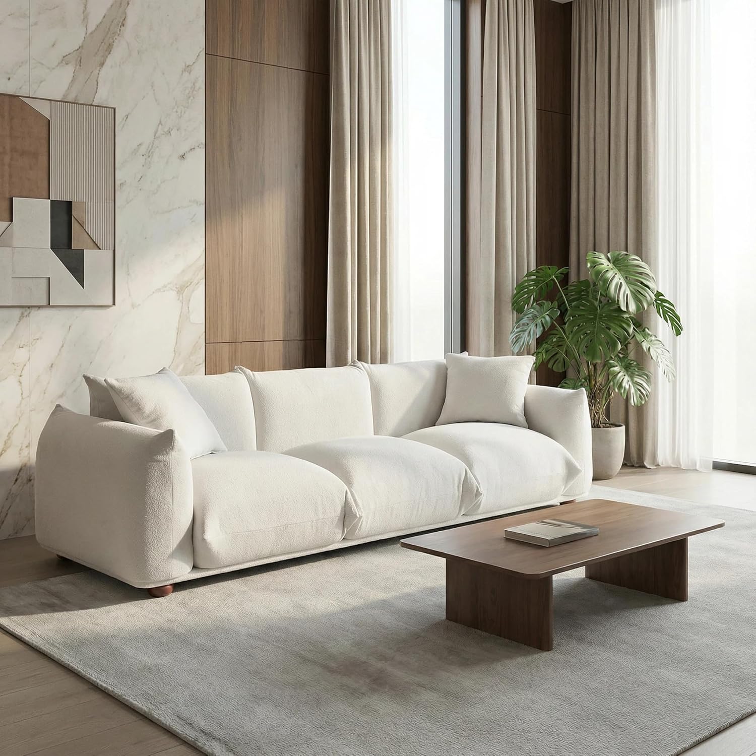 100" Boucle Sofa Couch for Living Room, Cream Cloud Couch, Mid Century Modern 3 Seater Upholstered Couch, Nordic Minimalist Comfy Sofa, Solid Wood Frame Living Room Furniture