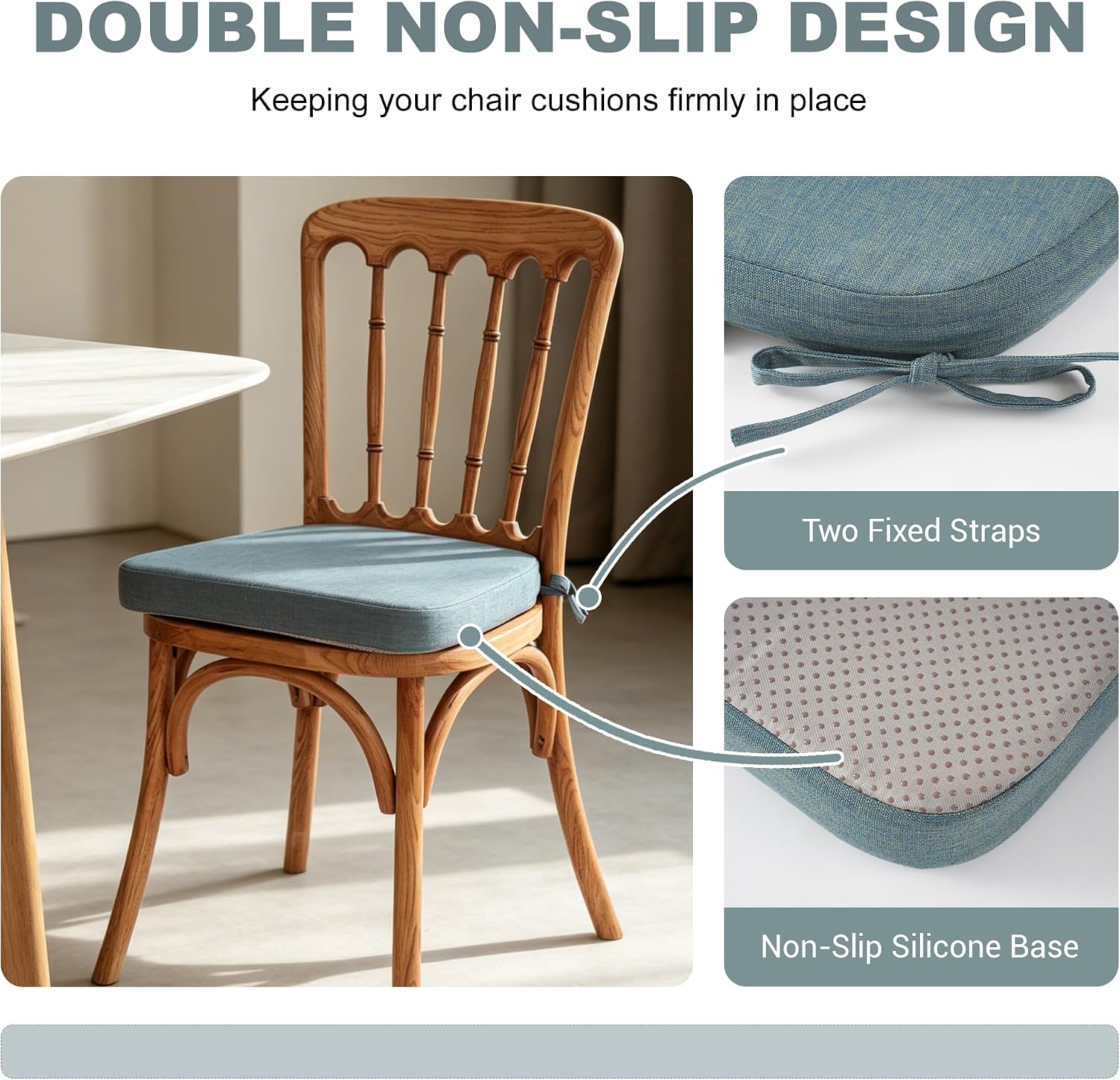 Battilo Chair Cushions for Dining Chairs, Waterproof Kitchen Chair Pads with Non-Slip Backing and Ties, Seat Cushions with Machine Washable Removable Cover, 16"x16"x2", Set of 4, Grayish Blue