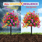 Artificial Petunias with Ground Stake, 18 Inch Artificial Flowers for Outdoors Stick in Ground, Lifelike Faux Flowers for Garden, Yard, Planter, Porch, Indoor Outdoor Home Decor (8 PCS)