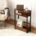 Narrow Side Table with Storage Shelf, 3-Tier Slim End Table with Magazine Holder, Modern Thin Side Tables for Couch or Small Spaces, Skinny Nightstand for Living Room or Bedroom Walnut