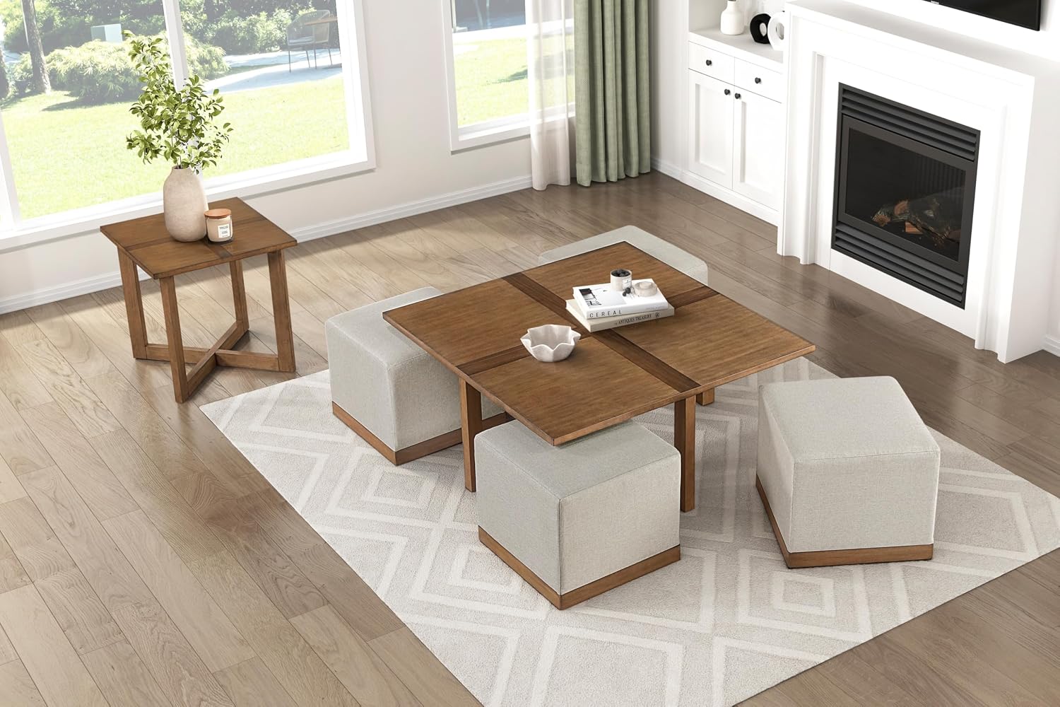 Penau Square End Table, Contemporary Wooden Side Table with Mixed Maple and Walnut Veneer Top, Cross-Patterned Tabletop, Sturdy Engineered Wood Frame, 24 x 24 x 24 Inchs, Brown Finish