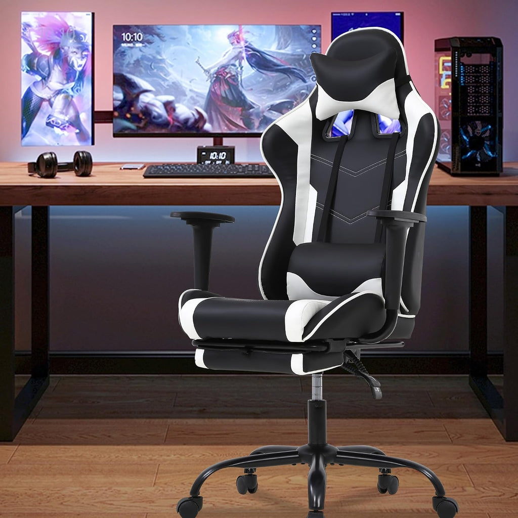 Gaming Chair, High Back PU Leather Gaming Chairs Computer Chair with Headrest & Lumbar Support, Height Adjustable Wide Seat Gaming Chairs for Adults, Game Chair with Footrest & Armrest