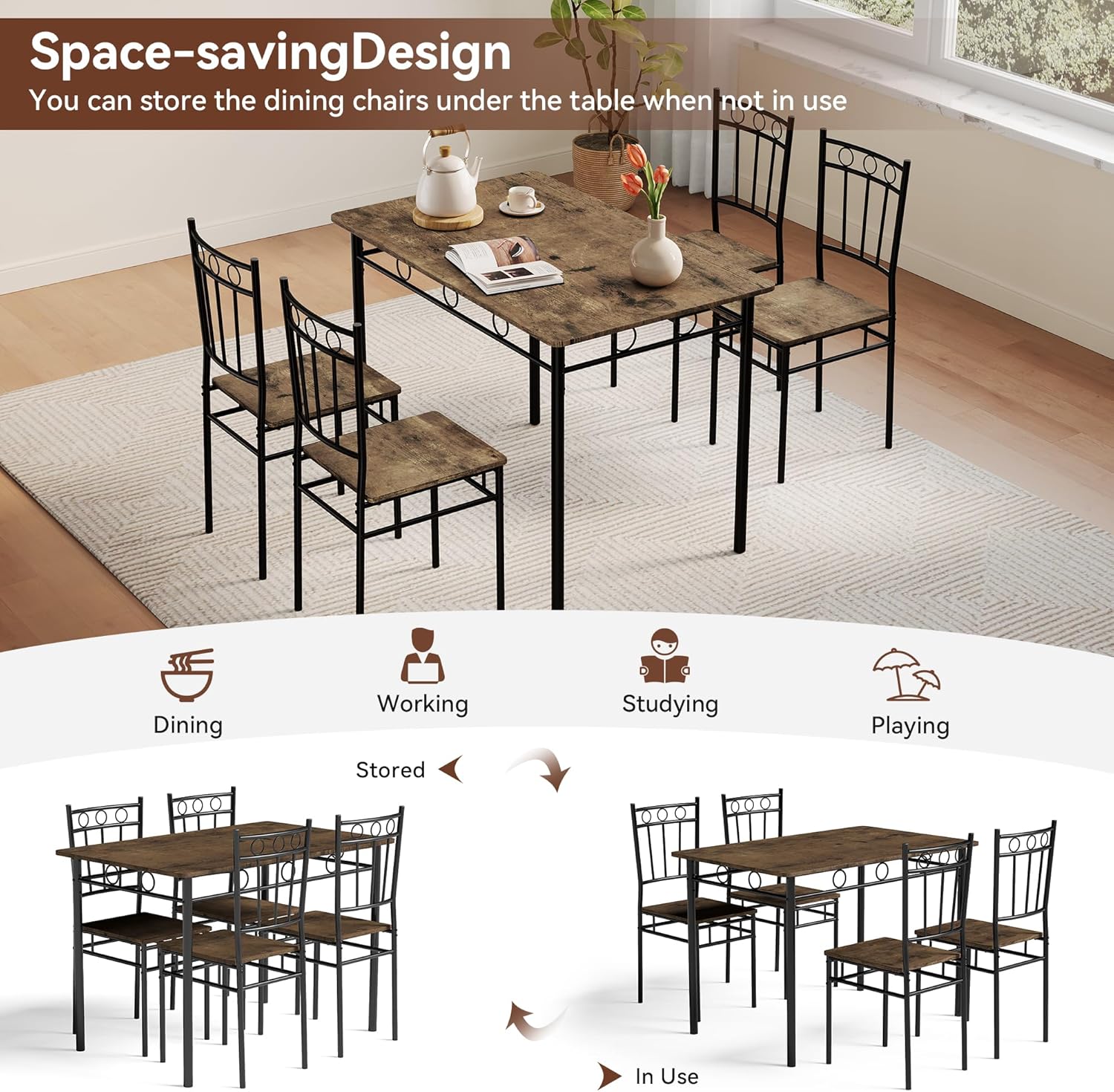 Vipbear Kitchen Dining Table Set for 4, 5-Piece Kitchen Table Set,Dining Room Table Sets,Rectangular Kitchen Table Set with 4 Chairs for Small Space, Dinette,Apartment,Rustic Brown